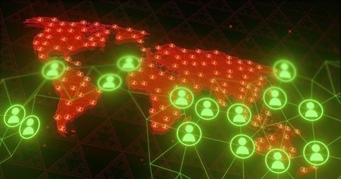 Global Digital Network Map Showing Neon Green Avatars and Holographic Connections
