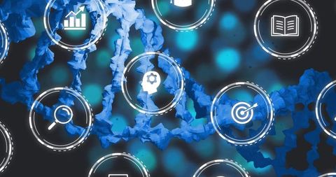 Blue dna double helix with futuristic hud icons representing genomics data visualization