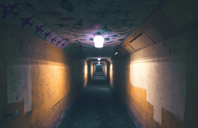 Long, narrow underground tunnel with dim lighting creating shadows and eerie atmosphere. Thick walls and ceiling decorated with abstract shapes. Use for themes related to mystery, exploration, abandonment, and atmospheric settings. Ideal for concepts of solitude, secrecy, or adventure scenes.