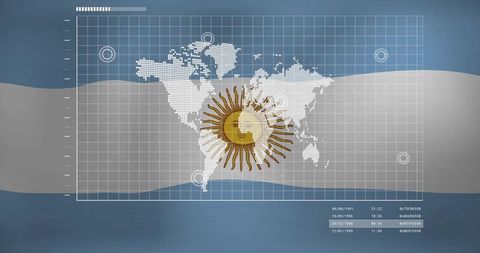Futuristic Digital World Map with Sun Emblem and Data Visualizations