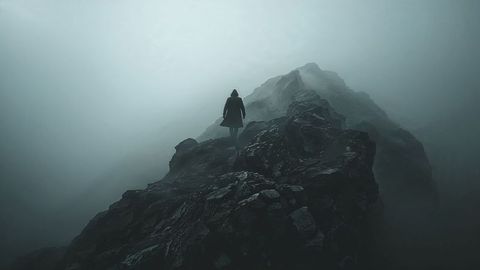 Mysterious solitary assassin figure on foggy rocky mountain ridge