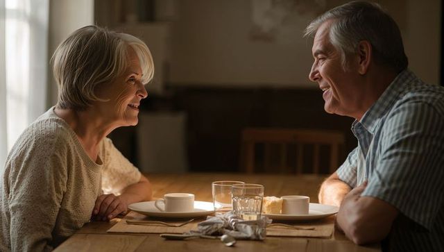 Senior couple sharing warm morning coffee and laughter while conversing at home