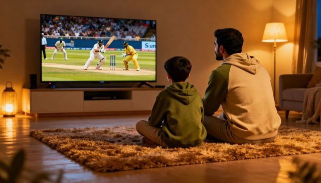 Father and son watching cricket in cozy living room with warm evening lighting