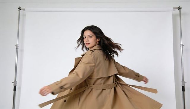 Spinning woman wearing belted tan trench coat capturing motion, fashion editorial
