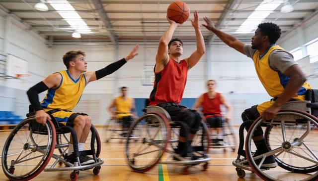 Wheelchair basketball player shooting over defenders in fast-paced indoor competition