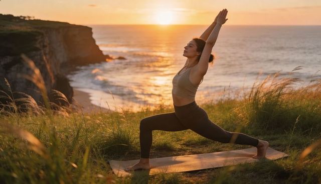 Sunset coastal yoga practicing woman performing high lunge on cliff overlooking ocean