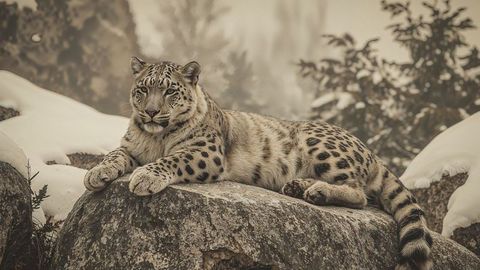 Majestic snow leopard resting in snowy alpine habitat