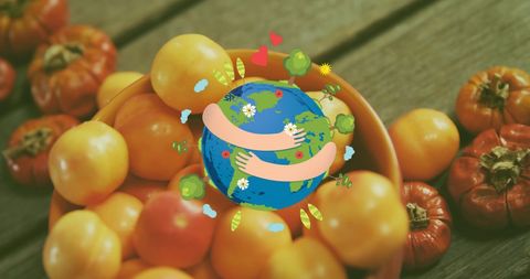 Earth depicted with embracing arms symbolizing protection and awareness over freshly harvested tomatoes. The image highlights environmental concerns like food preservation, sustainable living, and reducing food waste. Ideal for campaigns or articles promoting eco-friendly habits and agricultural sustainability.