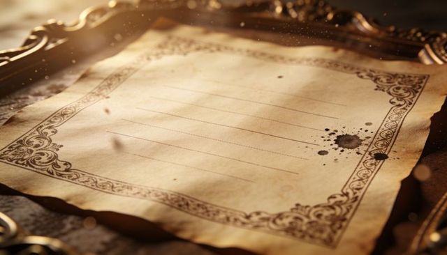 Aged parchment with ornate border and ink blot on carved wooden table with golden bokeh