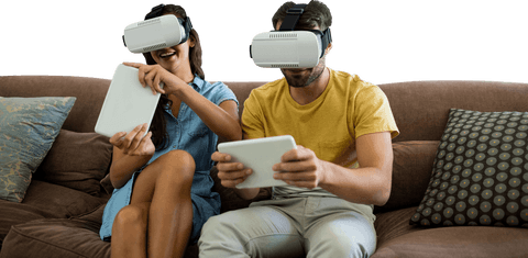 Couple Using Transparent VR Headsets with Tablets at Home