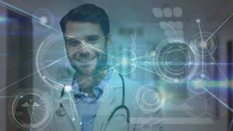 Smiling Doctor Overlaid with Futuristic Digital Data Interfaces