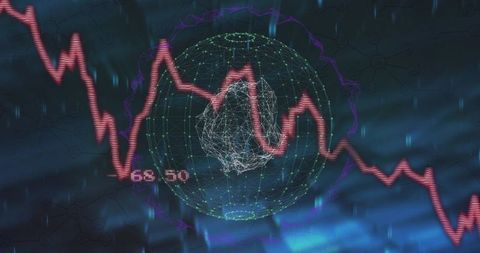 Wireframe Globe with Jagged Red Market Line Showing Global Financial Downtrend and Network