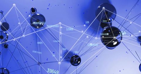 Glossy black spheres connecting across blue data network visualization with numeric labels
