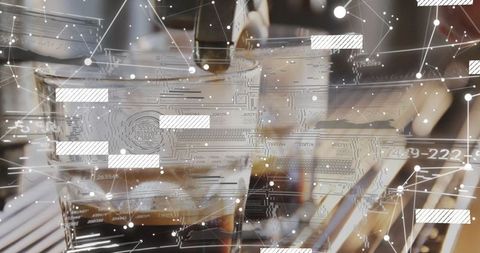 Barista Crafting Espresso with Futuristic Circuit Design Overlay