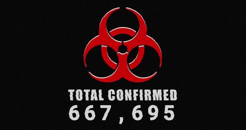 Red biohazard symbol illustrating pandemic alert with case count