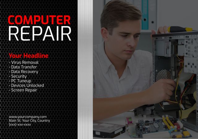 Focused Technician Repairing PC in Ad for Reliable IT Services - Download Free Stock Templates Pikwizard.com