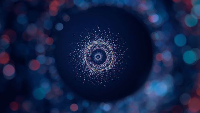 Vibrant spiral vortex with multicolored dots and bokeh lights