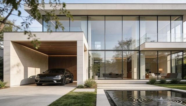 Showing modern glass luxury house with reflecting pool and black sedan in minimalist landscape