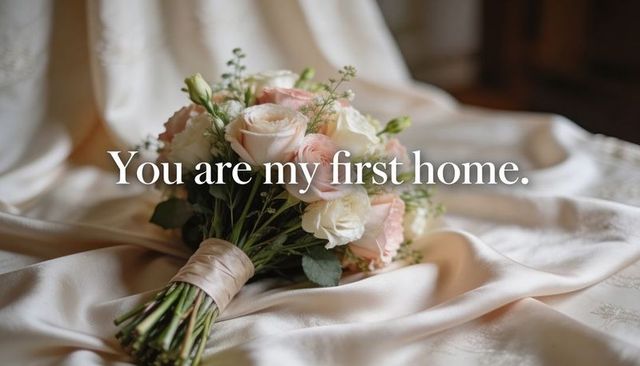 Bridal bouquet of blush and ivory roses on silk drapery with romantic text overlay for wedding use