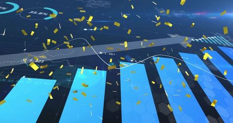 Futuristic Digital Analytics Dashboard with Rising Graph and Confetti