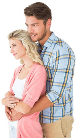 Attractive romantic couple embracing with happiness on their faces transparent