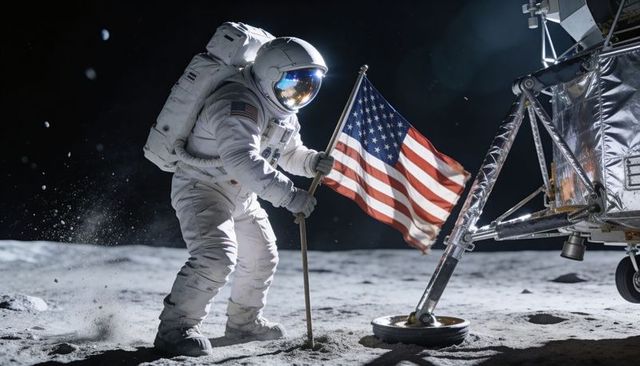 Astronaut Planting American Flag on Moon Beside Lunar Module During EVA Under Sunlight