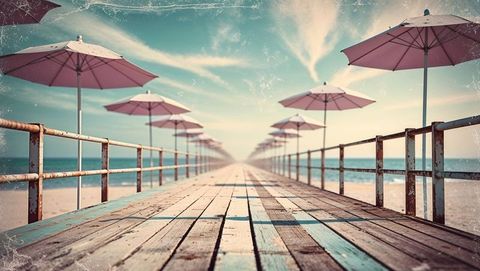 Vintage Coastal Boardwalk with Pastel Pink Umbrellas on Beach