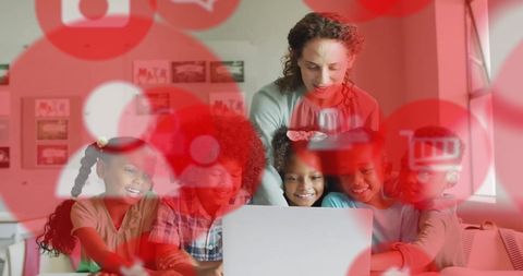 Teacher and diverse children engaging with global digital learning