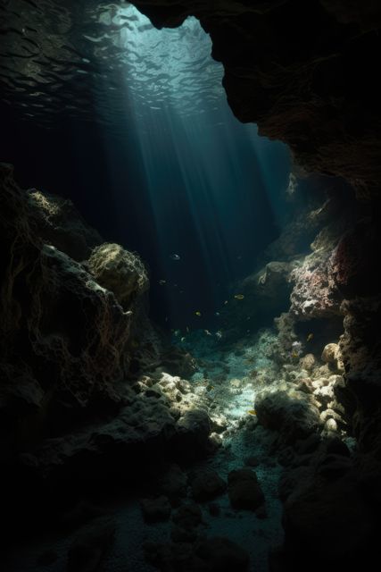 Rays of sunlight and fish life in underwater cave, created using generative ai technology. Nature, diving and underwater exploration concept digitally generated image.