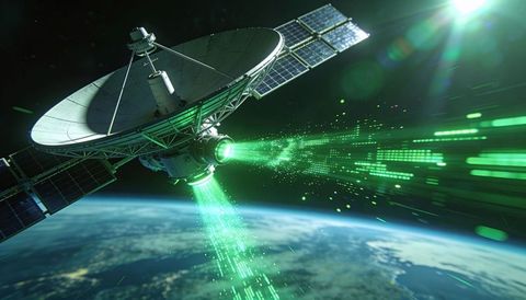 High-tech orbital communication satellite beaming neon green data streams over earth horizon