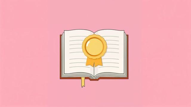 Open book with gold award seal on pink background