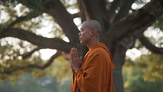 Buddhist monk meditating beneath ancient oak wearing saffron robe in golden light