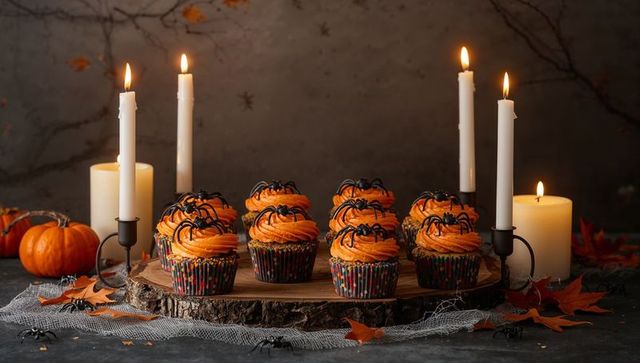 Halloween cupcakes with spiders on rustic table display