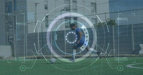 Biracial athlete intensively training on soccer field