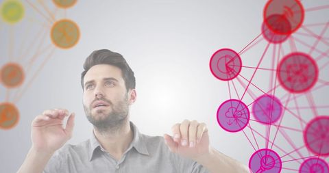 Innovative man interacting with futuristic digital interface