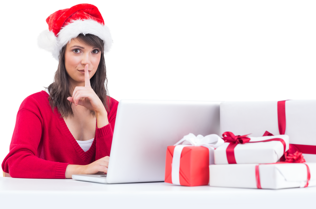 Transparent festive woman hiding Christmas gift shopping online - Download Free Stock Videos Pikwizard.com