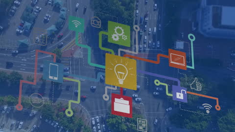 Technology Icons and Global Network Over Urban Traffic
