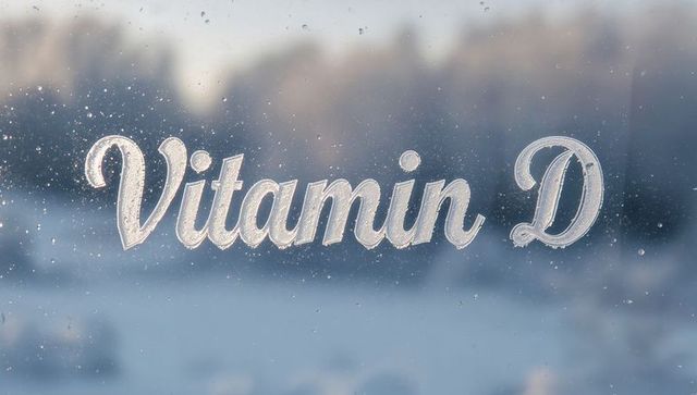 Frosted cursive lettering 'vitamin d' on icy window with snow bokeh for winter wellness