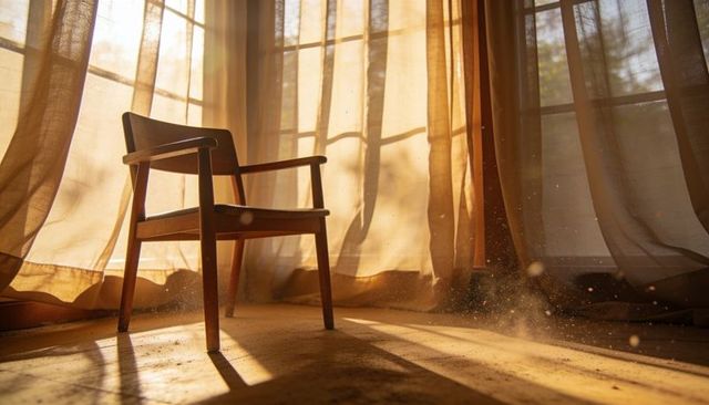 Golden sunlight casting soft shadows on midcentury wooden armchair with dust motes