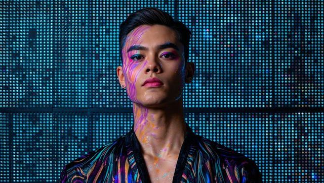Vibrant neon face paint portrait young man wearing patterned jacket against led backdrop