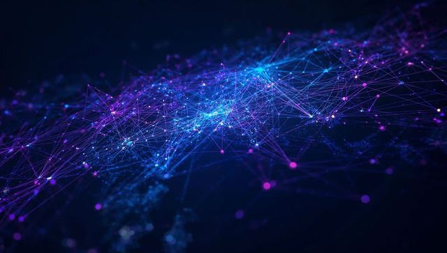Neon Neural Network Mesh with Glowing Nodes and Filament Connections for Technology and AI