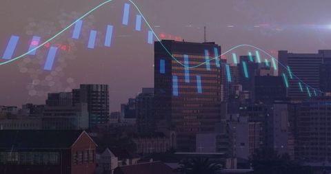 City skyline at dusk reflecting financial candlestick chart overlay on glass office tower