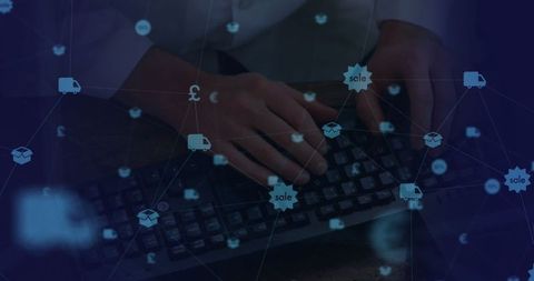 Hands Typing with Digital Sales and Cryptocurrency Icons Overlay - Download Free Stock Images Pikwizard.com