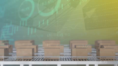 Boxes on Conveyor Belt with Overlaying Data Graphics