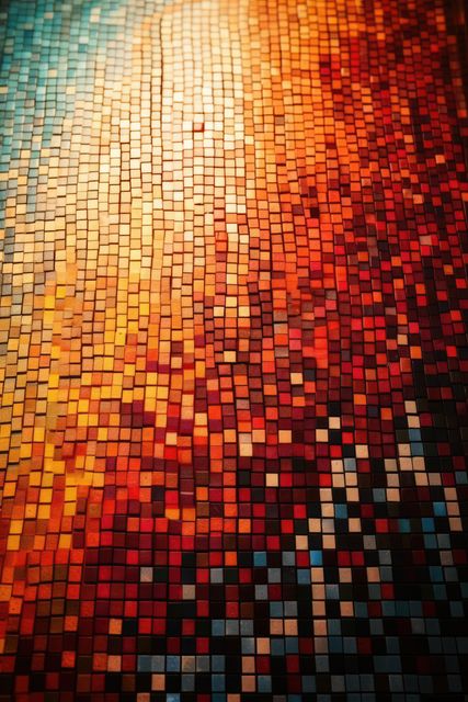 This image features a vibrant mosaic of small square tiles in warm tones, creating an abstract and visually appealing pattern. Can be used for backgrounds in graphic design, website design, advertising, art projects, or textile design. Suitable for projects requiring a colorful, artistic, and modern touch.