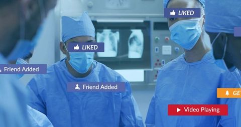 Surgical team collaborating in operating room with social media overlays and chest xrays