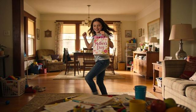 Preteen girl holding mother's day gift bag spinning joyfully in sunlit family living room