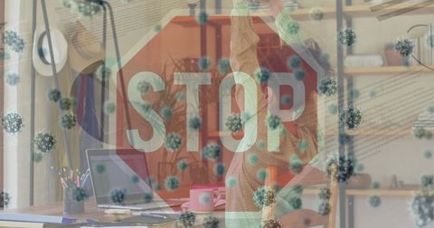 Home office wellness with stop and virus overlay concept