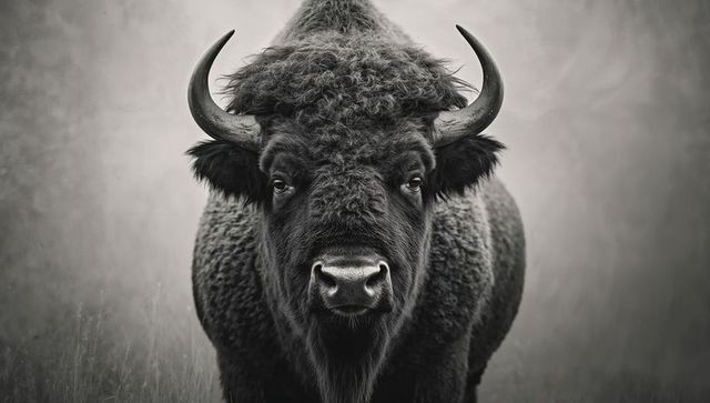 Majestic american bison facing camera in misty grassland, monochrome close-up