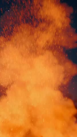 Vertical video bursting embers sending incandescent plume rising into night sky with sparks